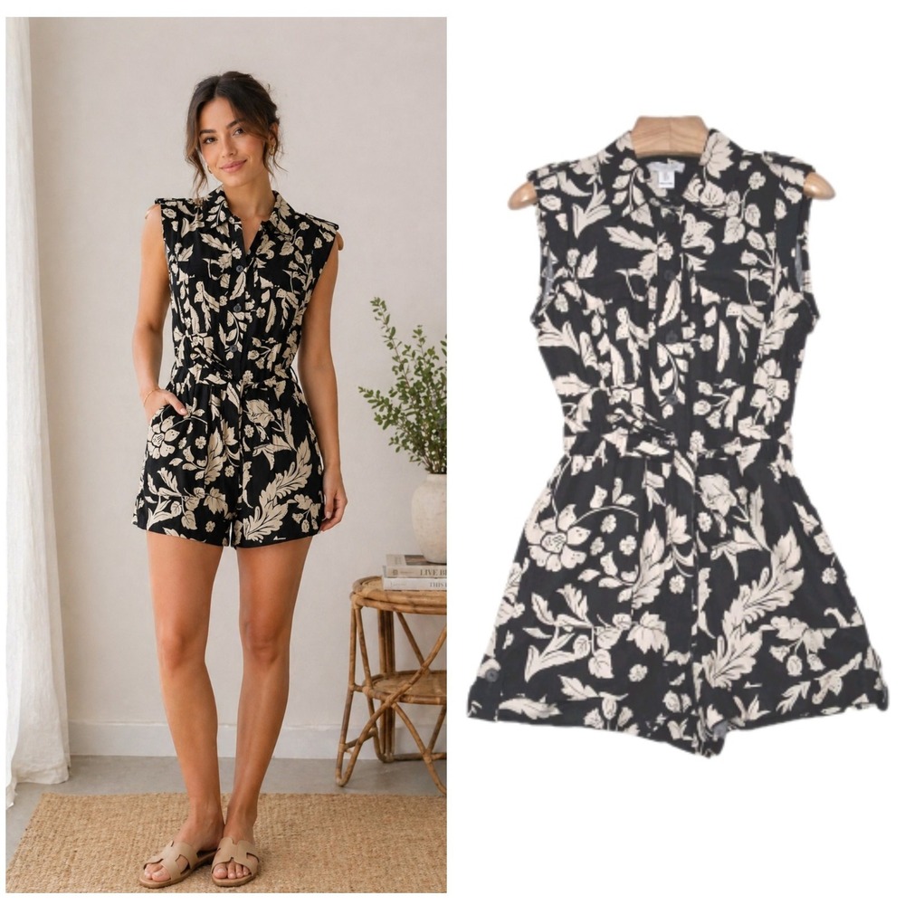 Rachel Zoe Womens Sleeveless Romper Size 8 Black Cream Floral Linen Rayon Belted